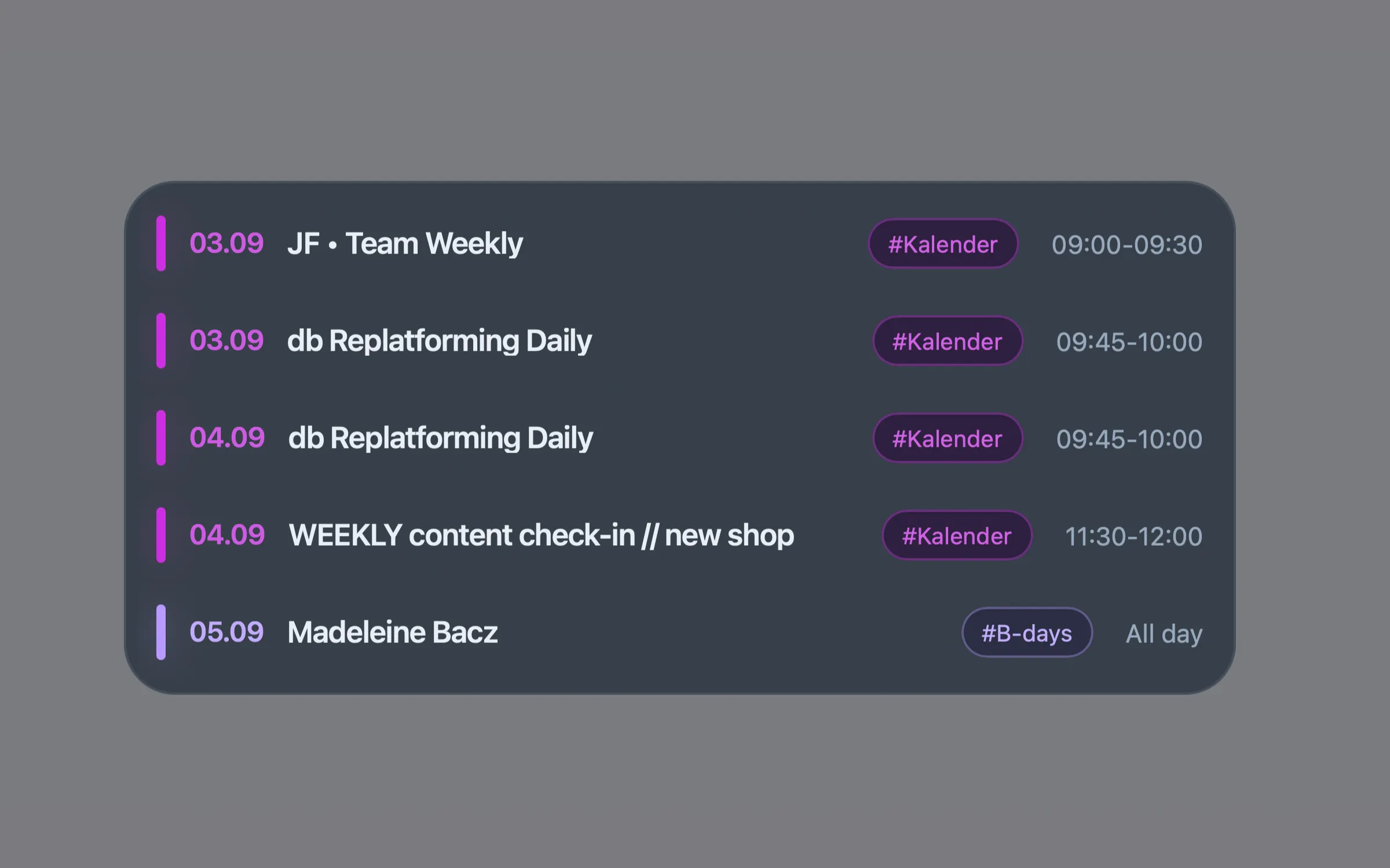 Calendar widget showing upcoming events Calendar widget showing upcoming events