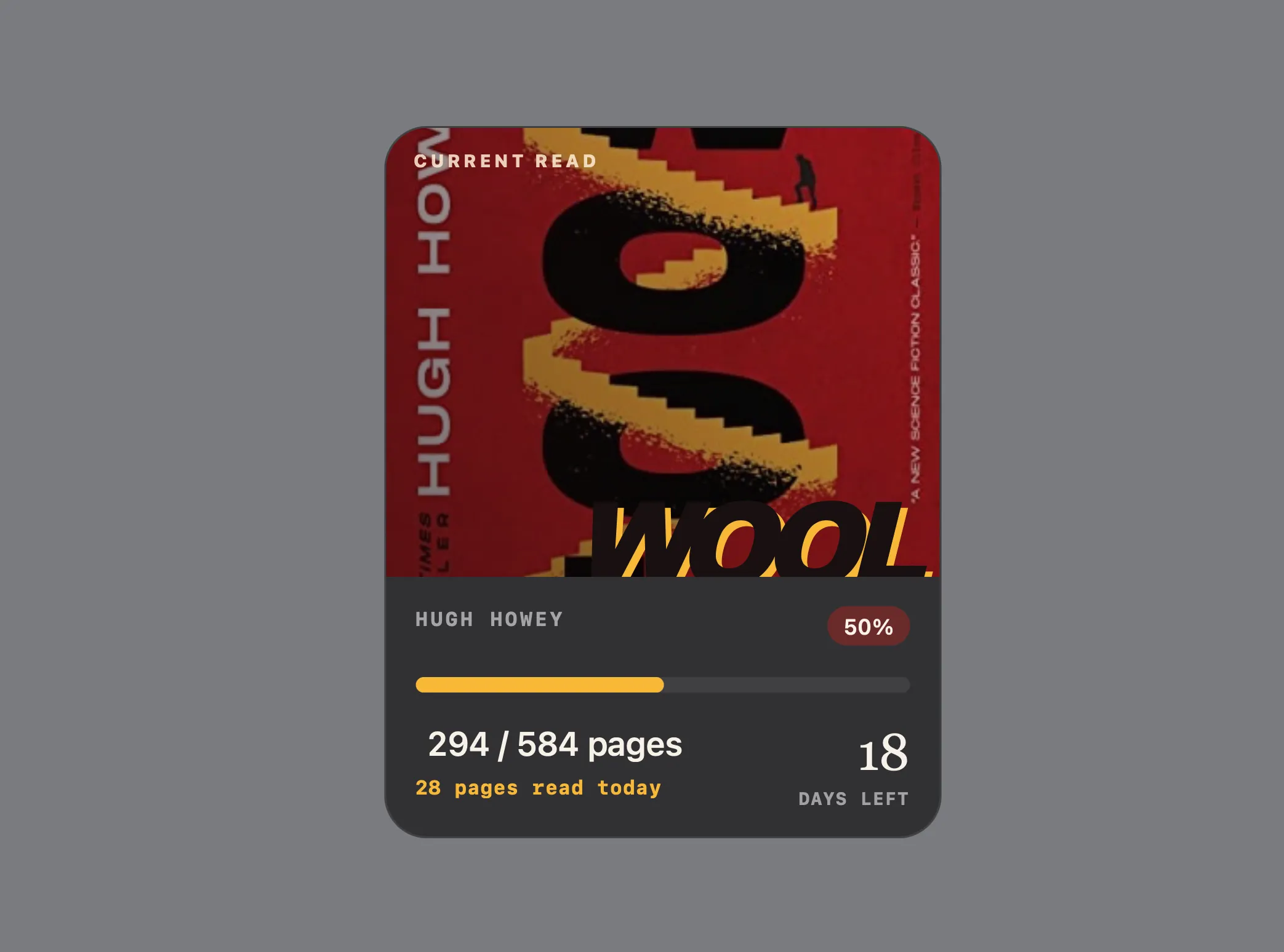 Reading widget showing progress through Wool by Hugh Howey Reading widget showing progress through Wool by Hugh Howey