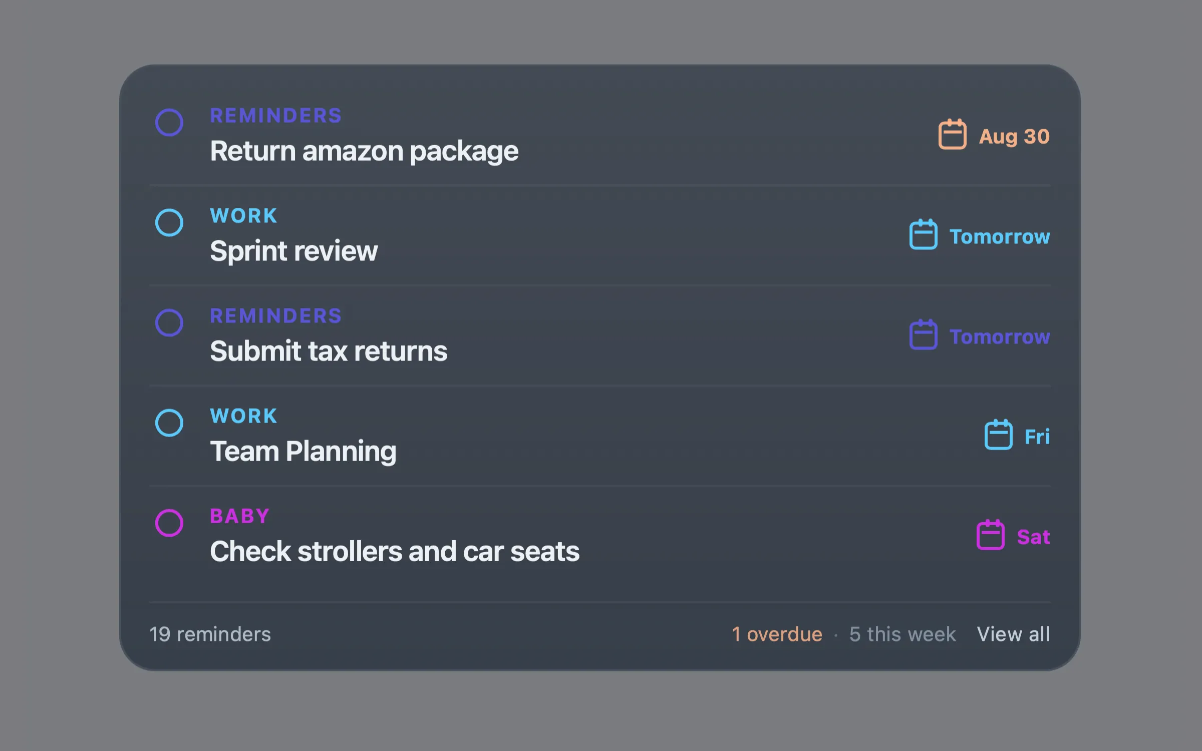 Reminders widget showing a task list Reminders widget showing a task list